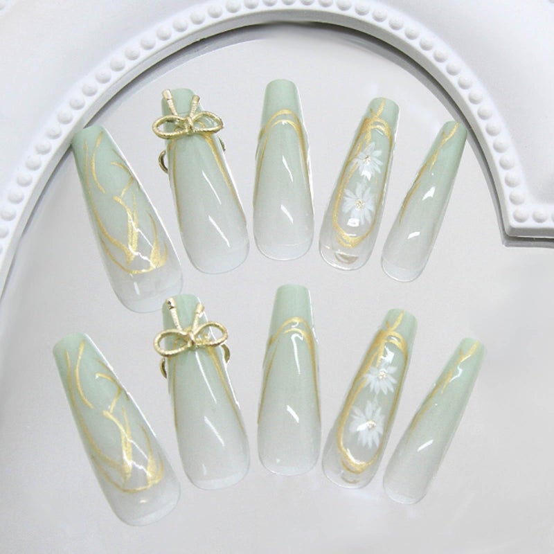 YoYoee 24-Piece Long Coffin Press on Nails - Daisy Bow Tie False Nails | Light Green Gradient Fake Nails for Women Elegant & Durable Artificial Nails for Instant Manicure - Image 3